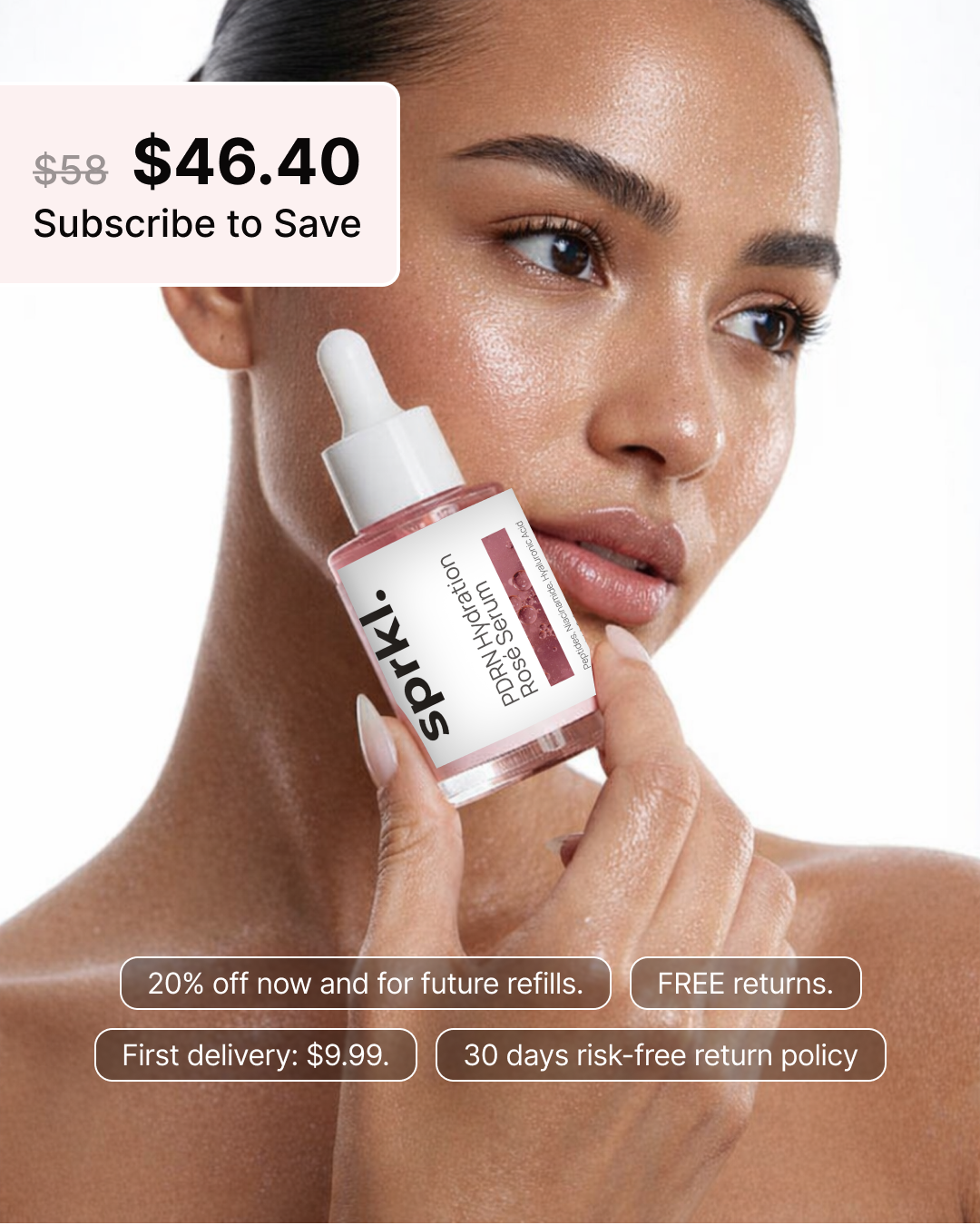 A woman with glowing skin holds a bottle of sprkl. PDRN Hydration Rose Serum against her cheek.
