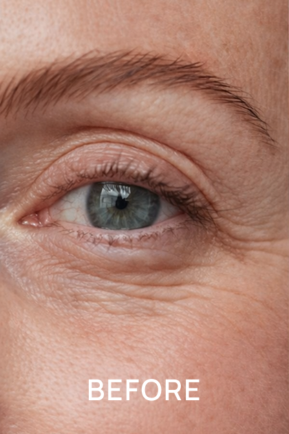 A close-up before shot of an eye, showing wrinkles and crow's feet on the surrounding skin.