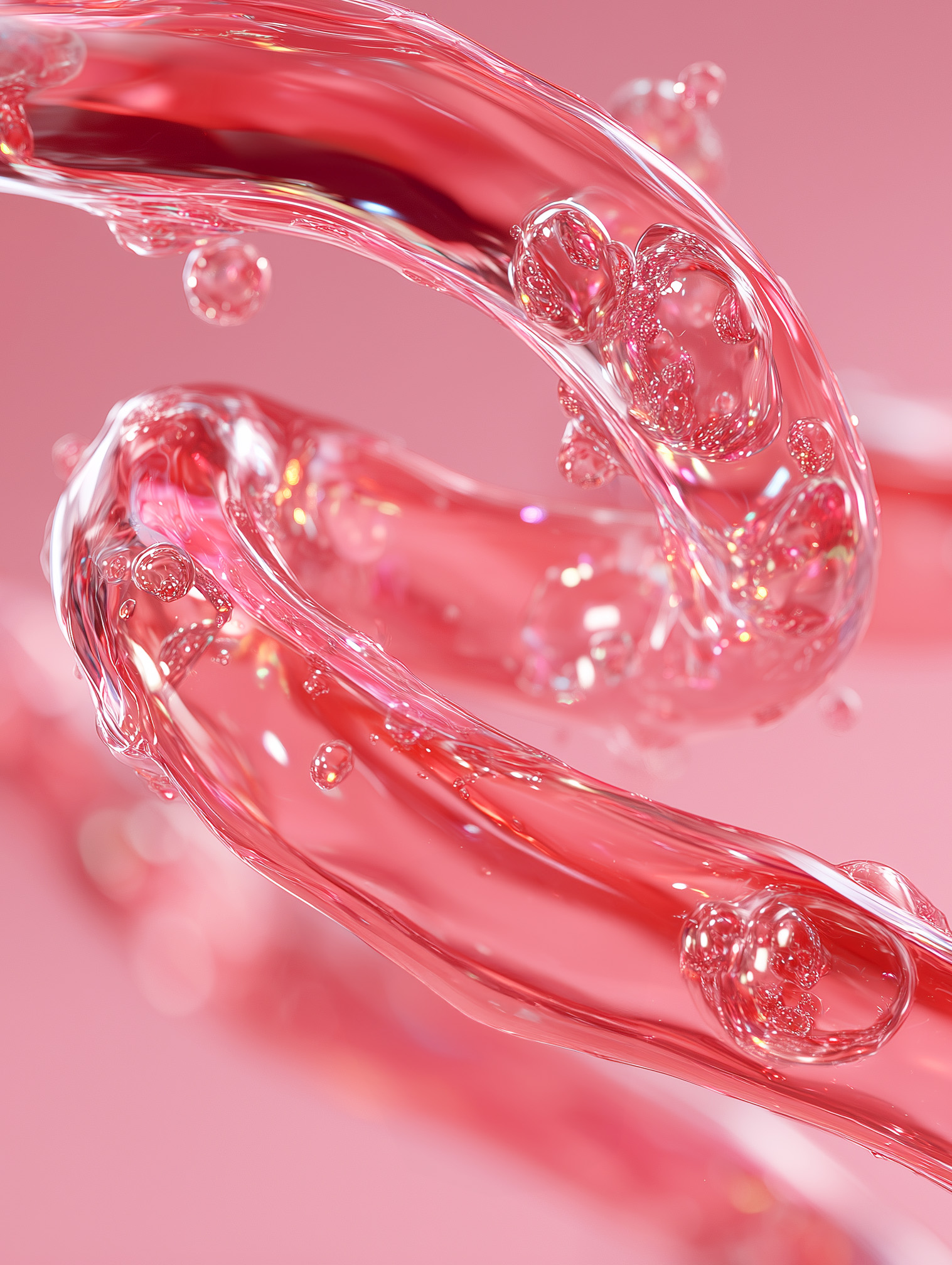 Glossy pink liquid swirls with bubbles on a soft pink background.
