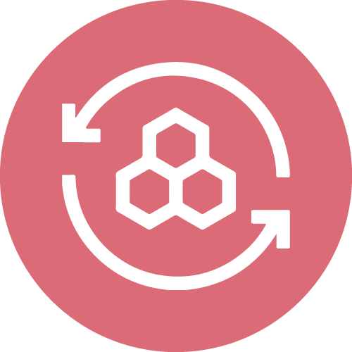 A white icon of a honeycomb structure within circular arrows, set against a pink circular background.