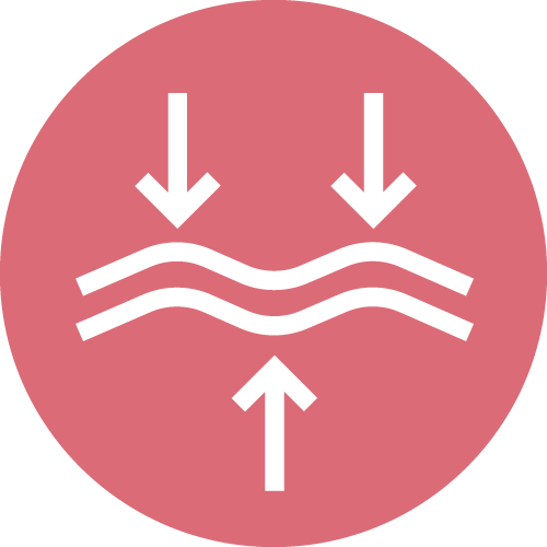 A pink circular icon with white arrows pointing towards two wavy lines from above and below.