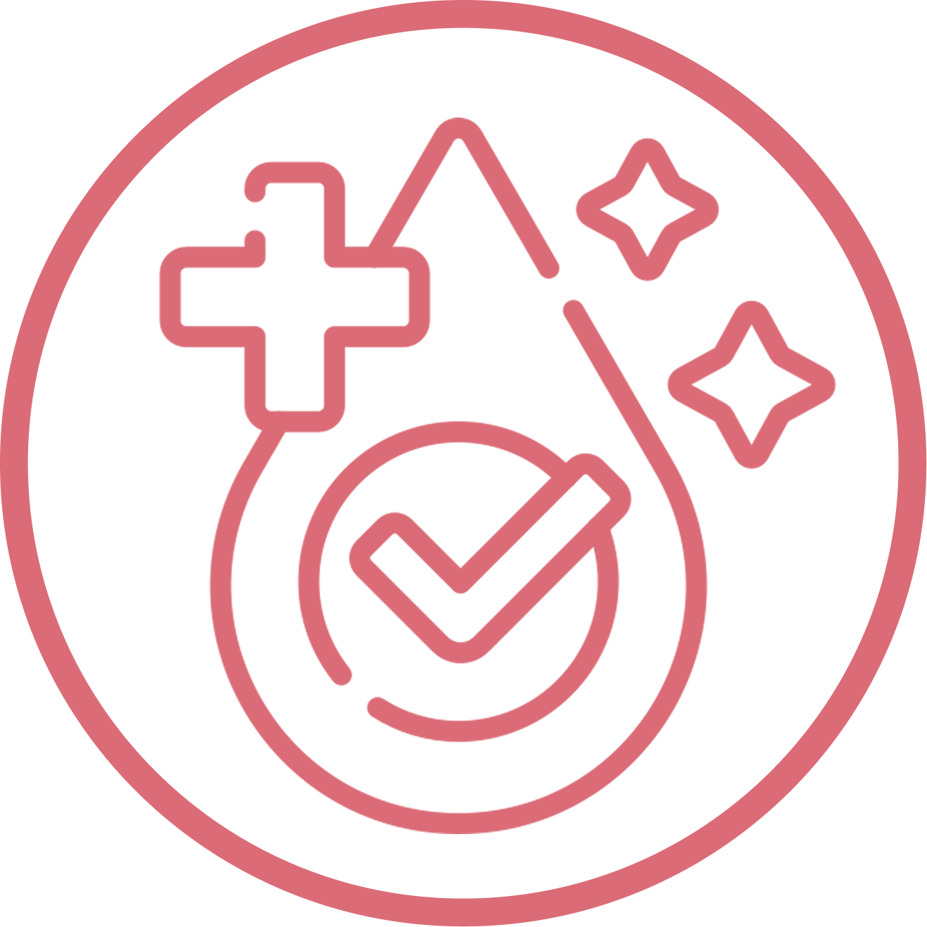 A pink line icon of a water drop containing a plus sign, checkmark, and sparkles.