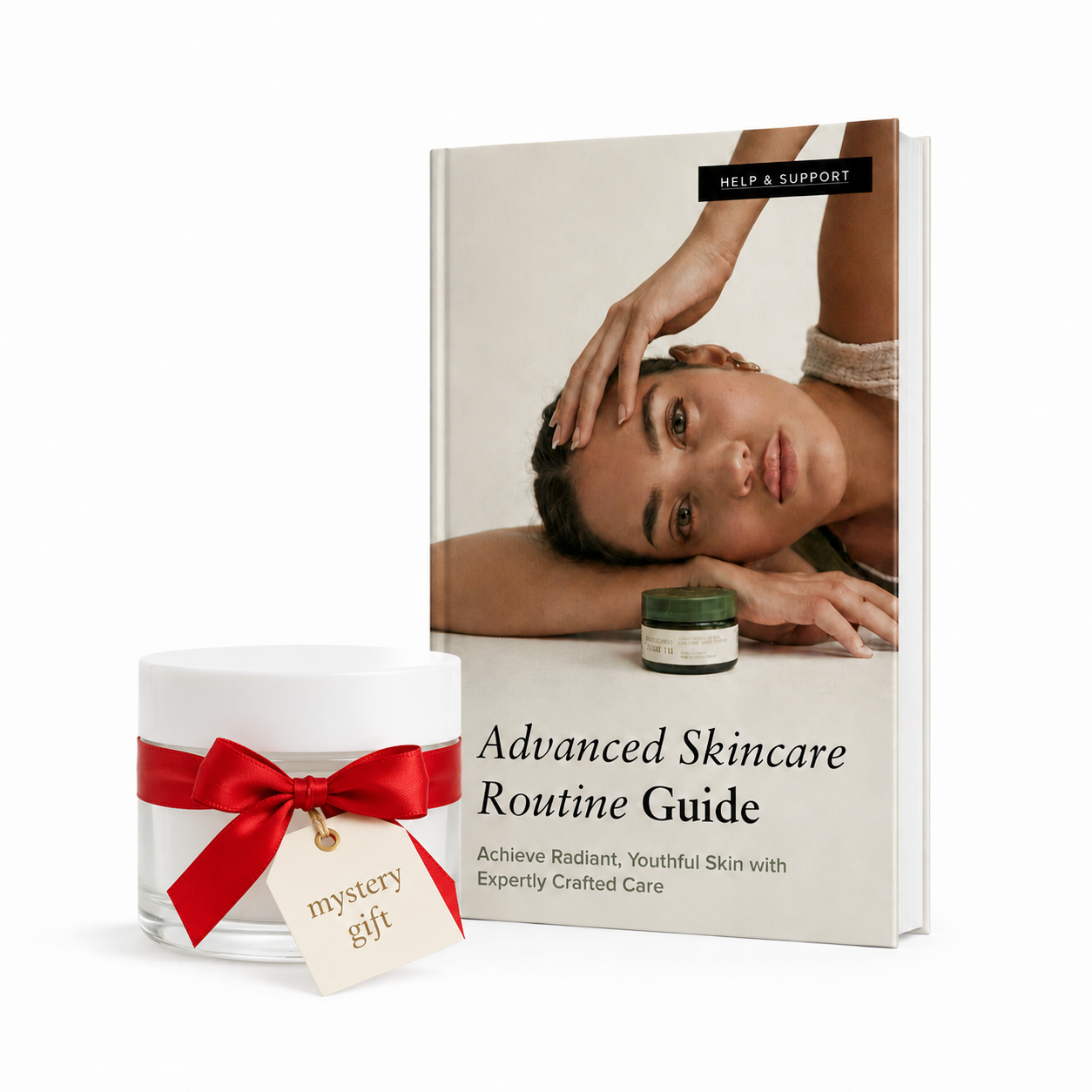 A white jar with a red ribbon and a 'mystery gift' tag next to a skincare guide book.
