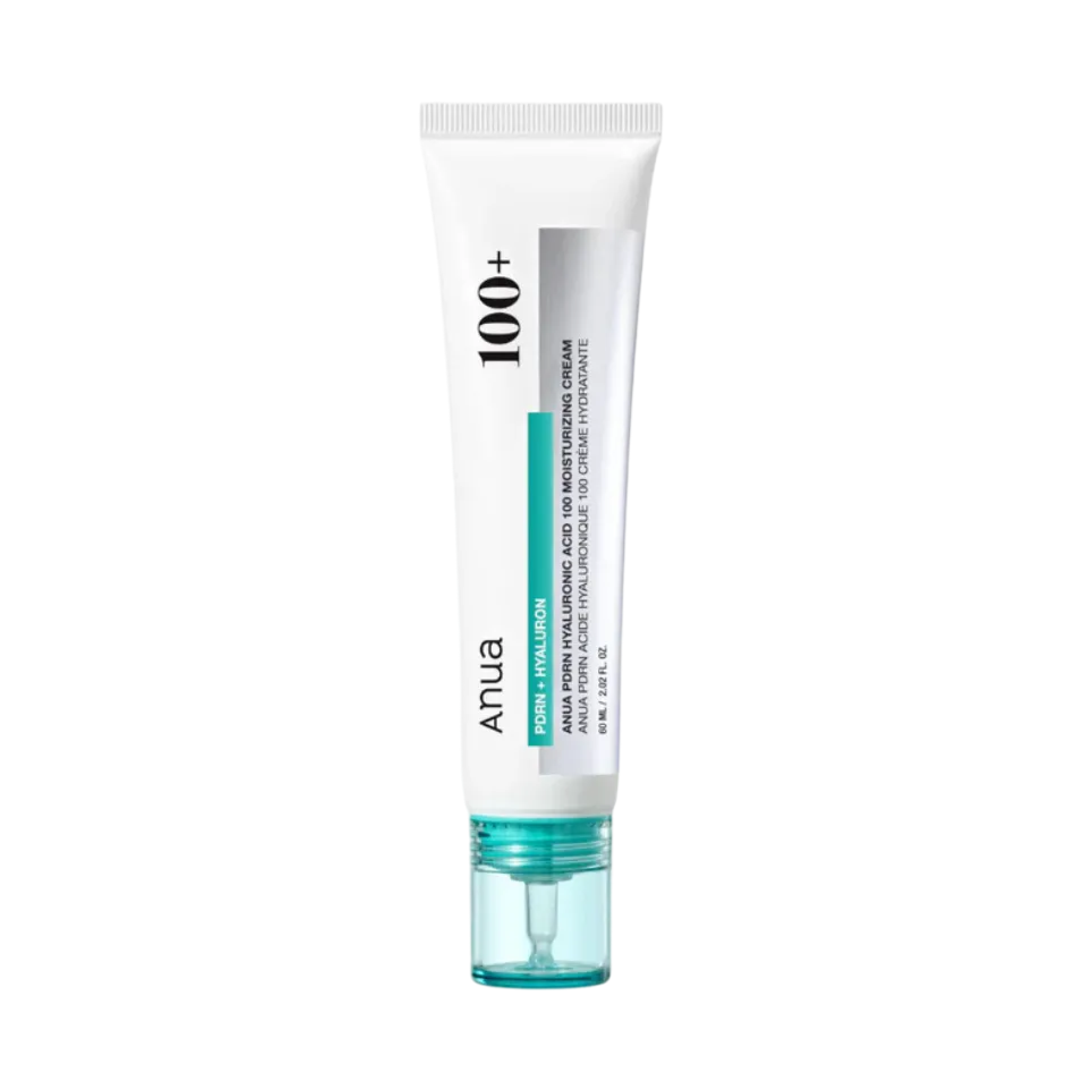 A white tube of Anua PDRN Hyaluronic Acid 100 Moisturizing Cream on a solid green background.