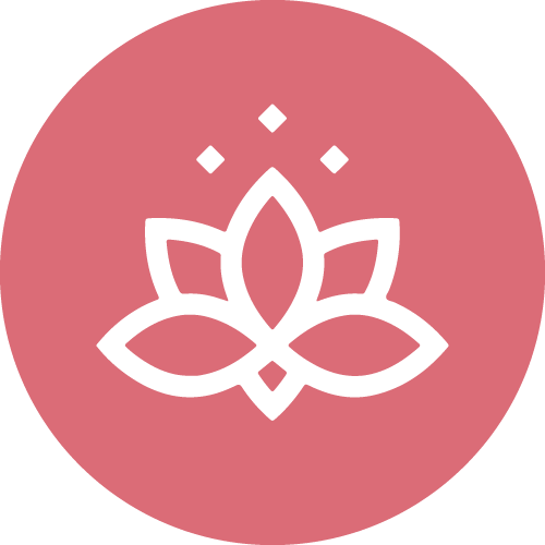 A white line drawing of a lotus flower inside a pink circle.