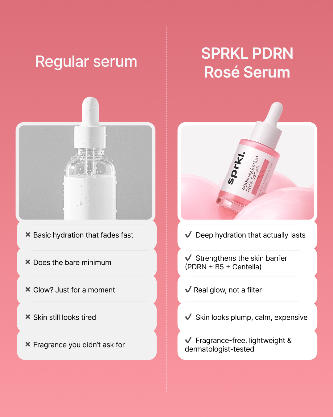 A graphic comparing a regular serum to SPRK PDRN Rosé Serum, listing benefits for the latter.