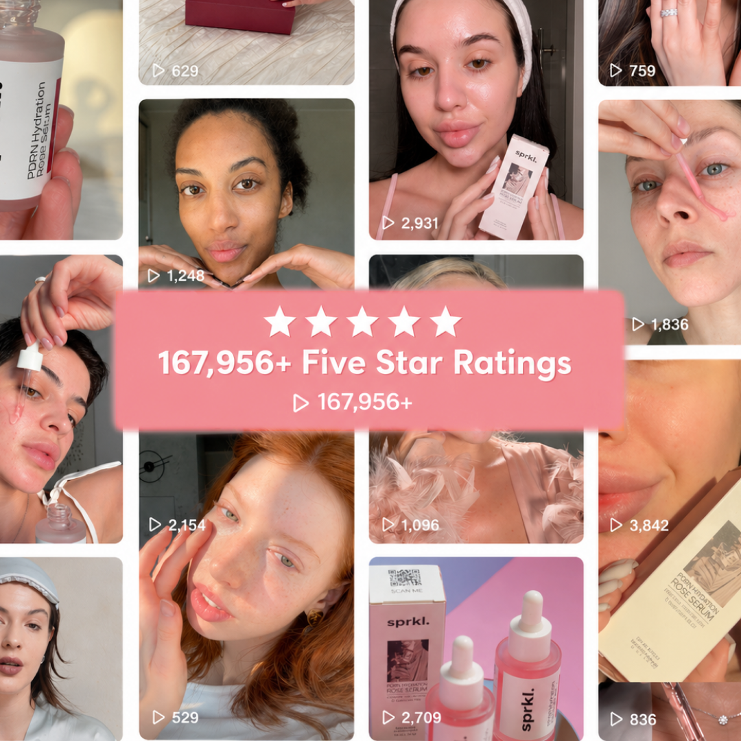 A collage of photos showing people using skincare products, with text overlay reading '167,956+ Five Star Ratings'.