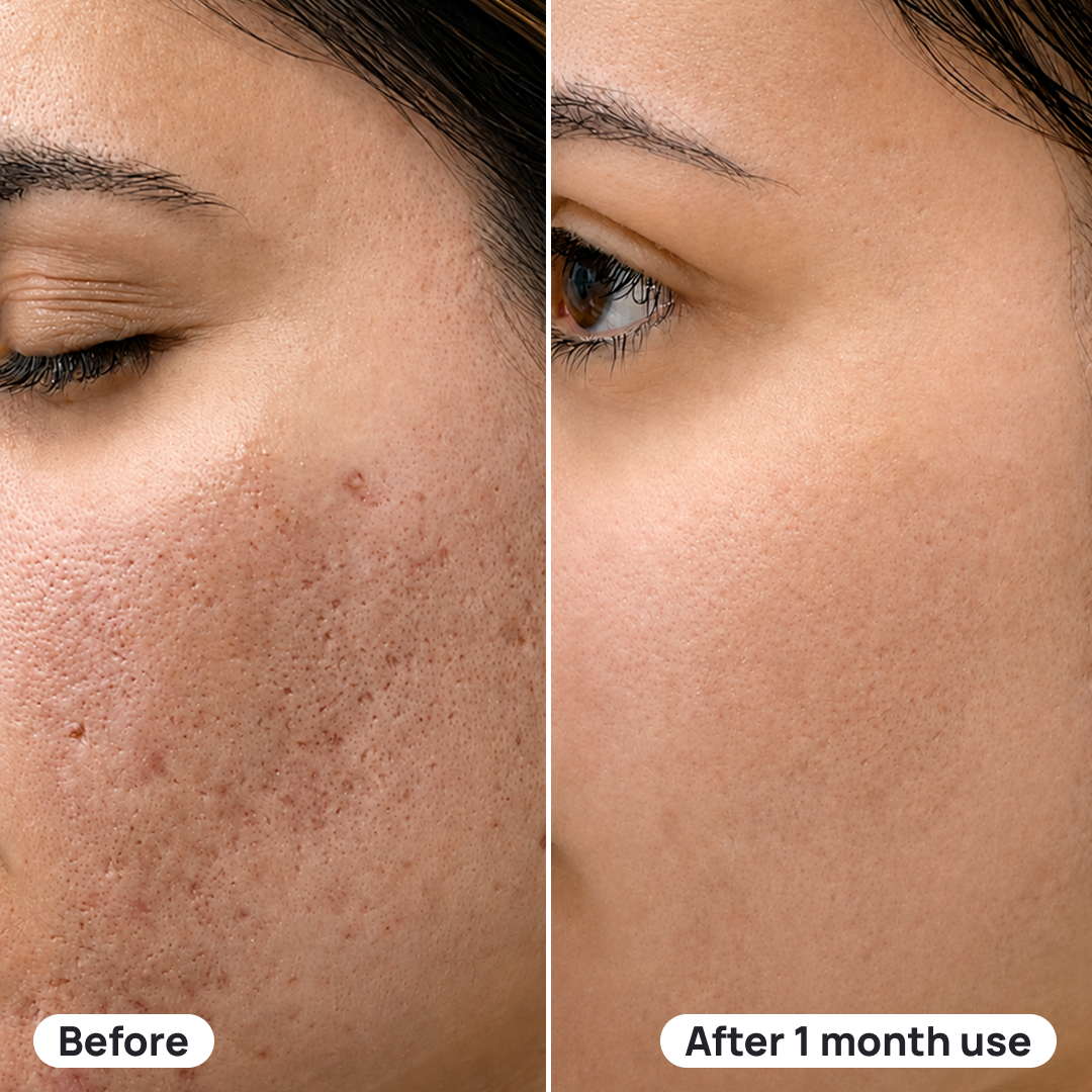 A before and after comparison showing a woman's cheek with reduced acne scarring and improved skin texture.