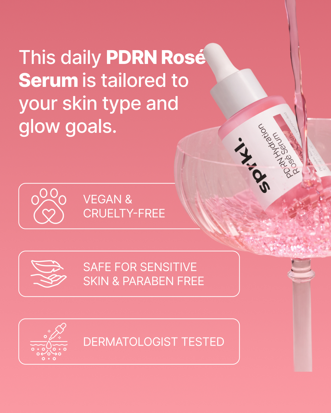 A promotional image for sprkl. PDRN Hydration Rose Serum, with the bottle in a wine glass.
