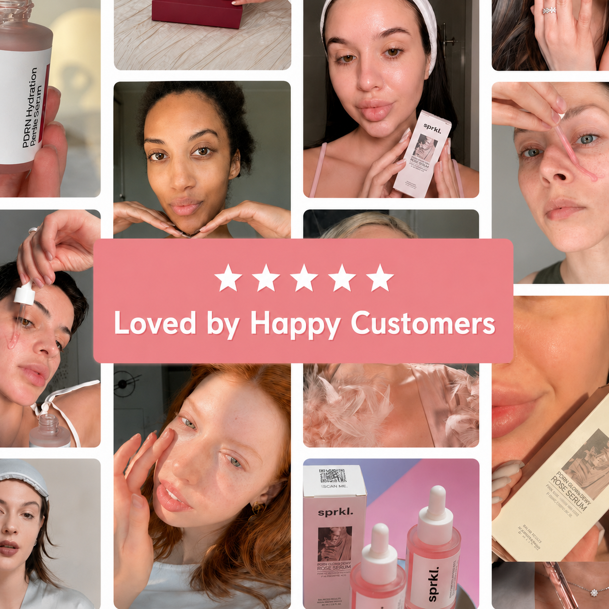 A photo collage of people using skincare products with the text overlay 'Loved by Happy Customers'.