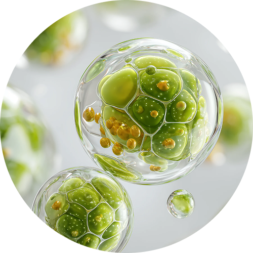A microscopic-style illustration of green cells with golden droplets enclosed in transparent spheres against a gray background.