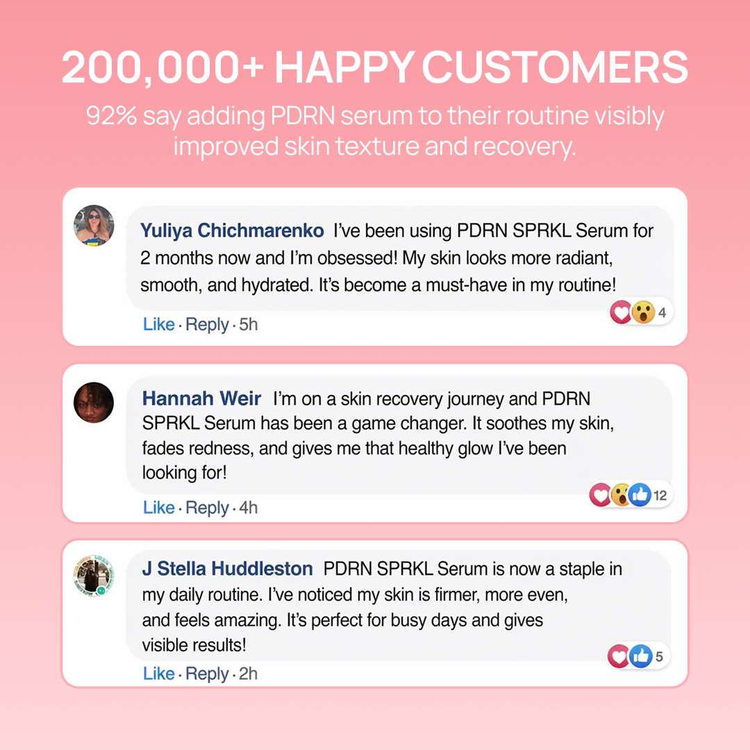 A promotional graphic showing three positive customer testimonials for a PDRN skincare serum on a pink background.