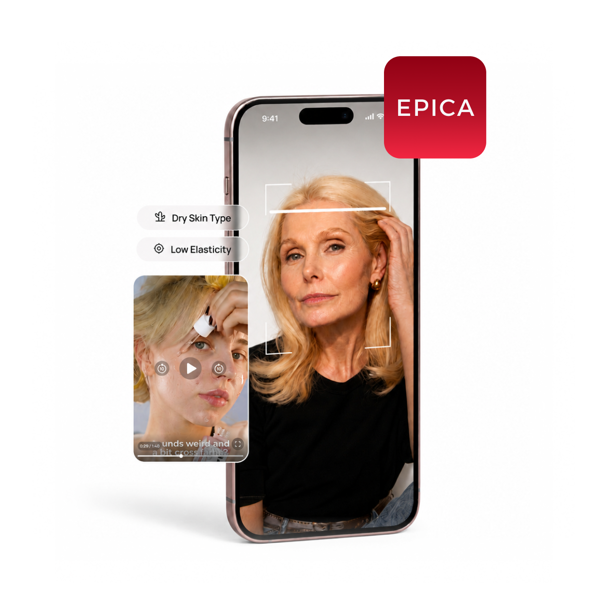 A smartphone displaying the Epica app, which is analyzing a woman's skin for type and elasticity.