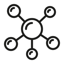 A black line icon of a central circle connected by lines to five smaller surrounding circles.