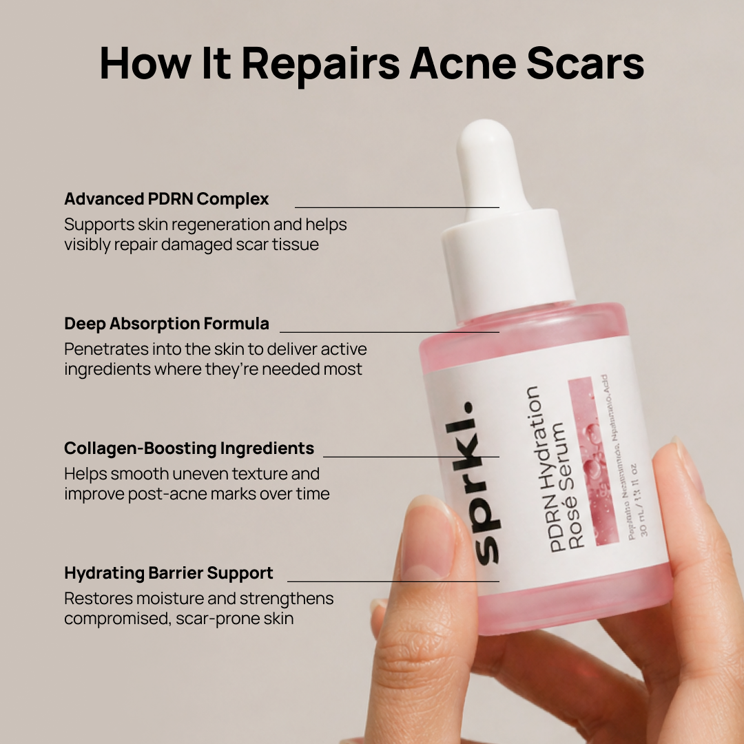 A promotional graphic showing three positive customer testimonials for a PDRN skincare serum on a pink background.
