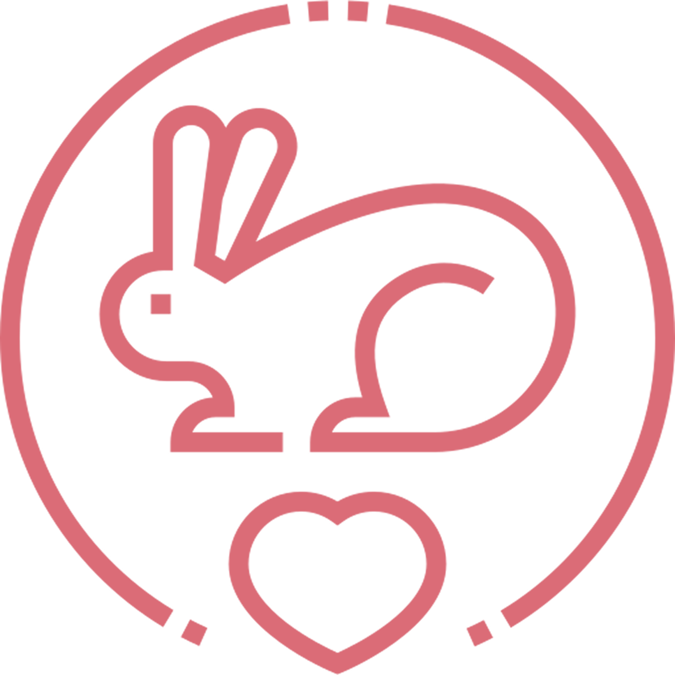A pink line art icon of a rabbit and a heart inside a circle.