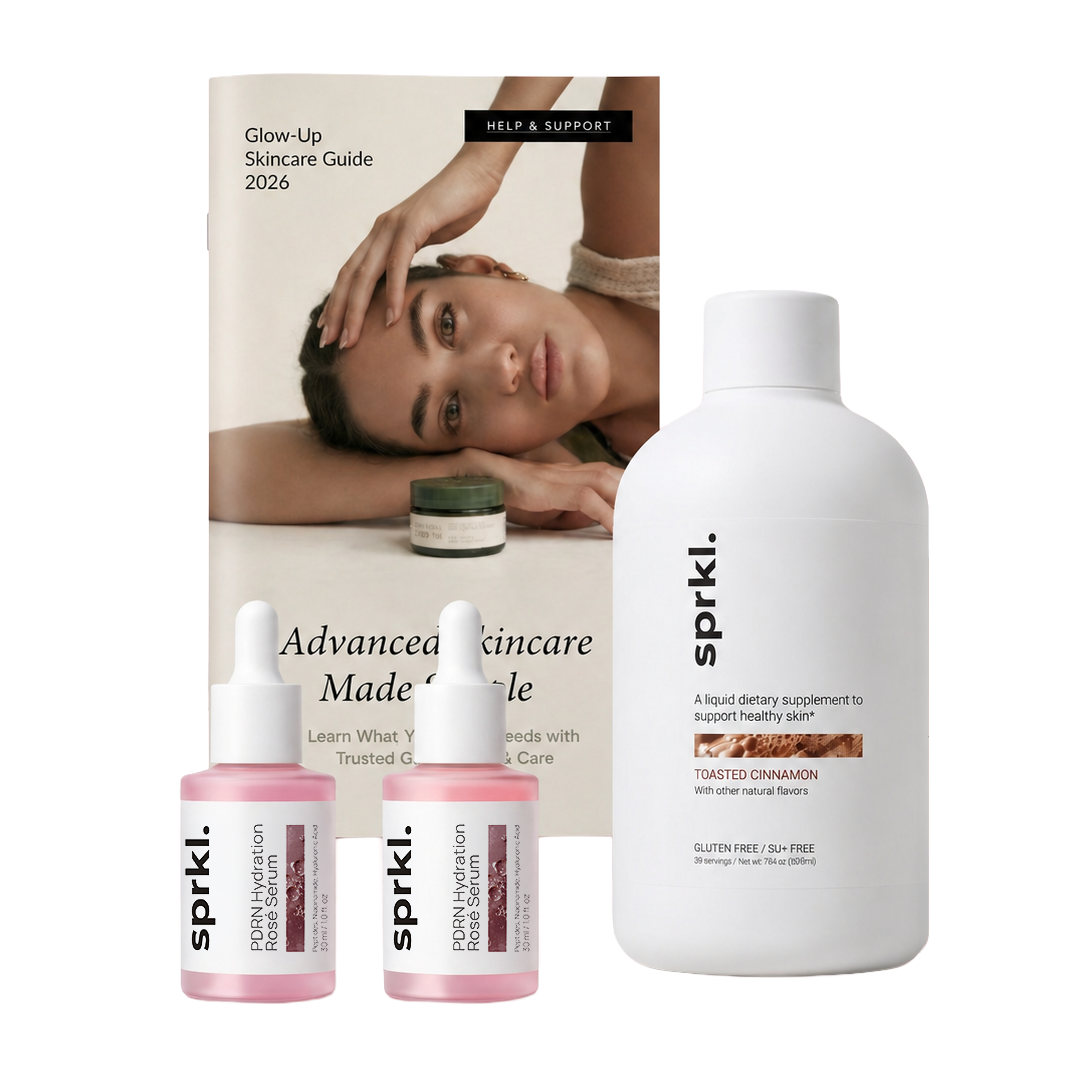 sprkl. brand dietary supplement and rose serums displayed with a Glow-Up Skincare Guide against a white background.