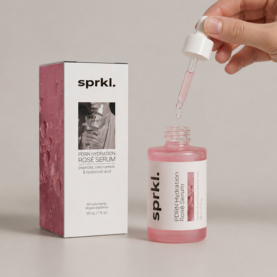 A hand holds a dropper over a bottle of sprkl. PDRN Hydration Rosé Serum, next to its box.