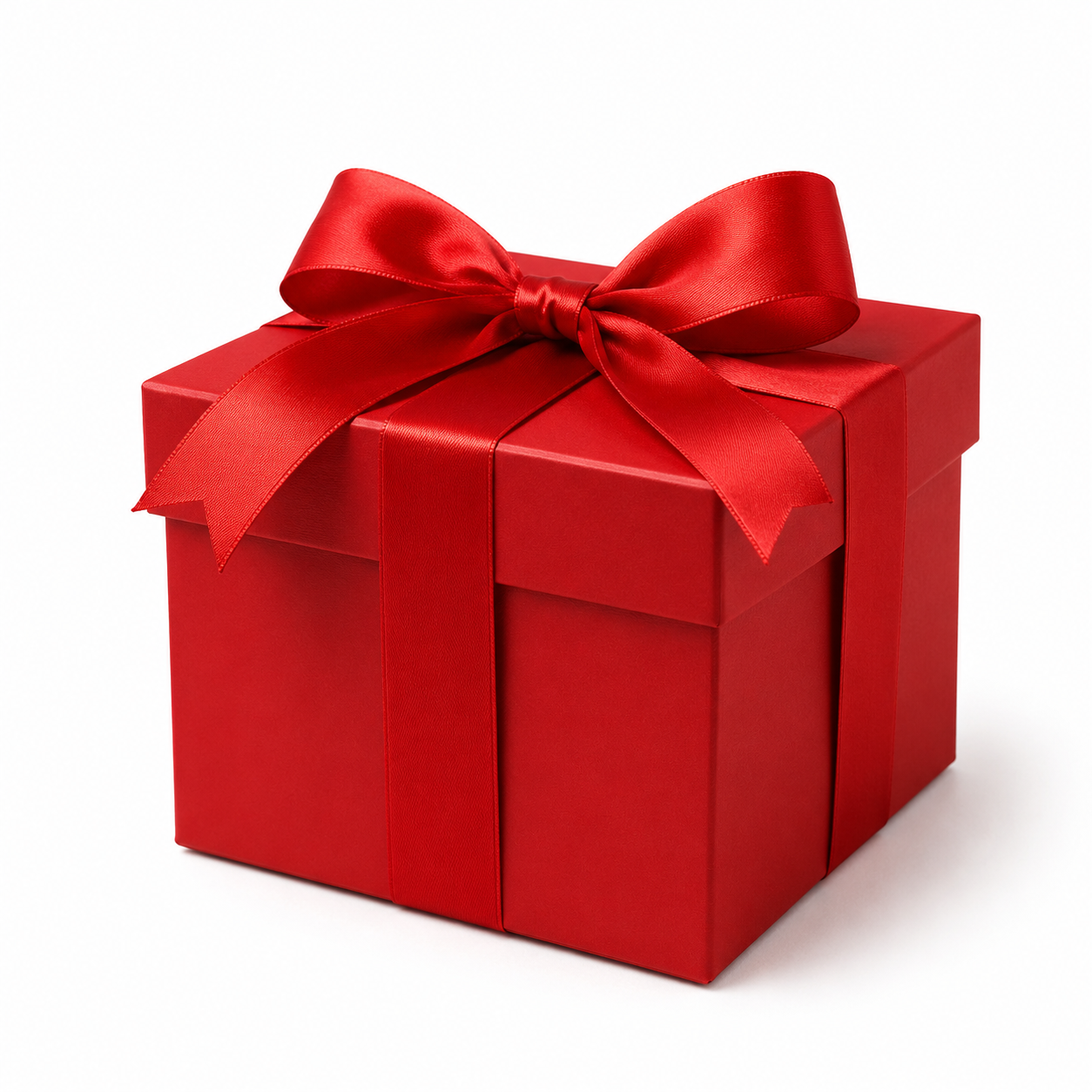 A square red gift box with a matching red satin ribbon and bow, set against a white background.