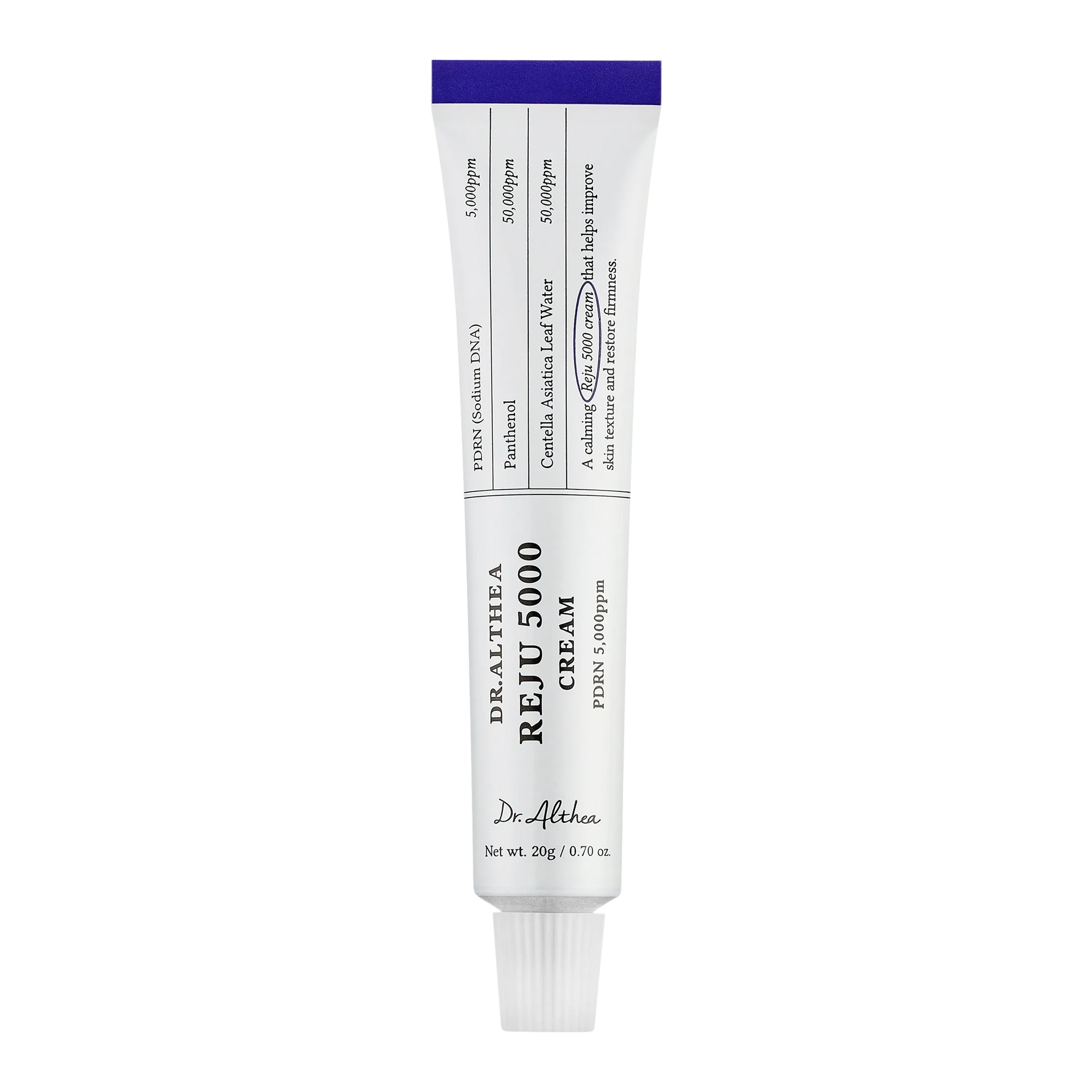 A white tube of Dr. Althea Reju 5000 Cream standing upright against a solid green background.