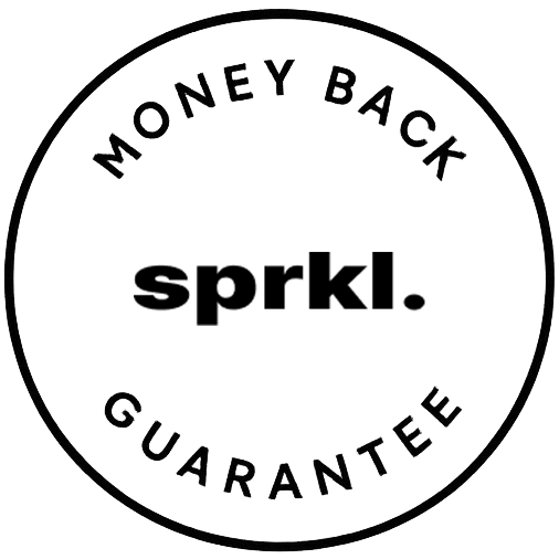 Circular emblem with 'sprkl.' and 'Money Back Guarantee' text.