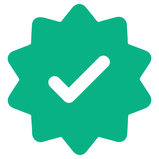 Green checkmark inside a starburst shape on a transparent background.
