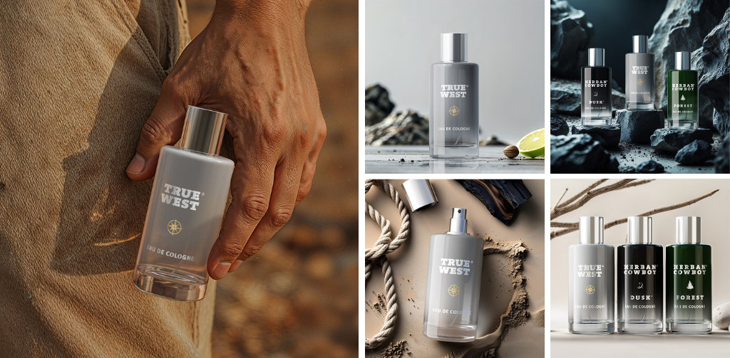 Collage of cologne bottles with various backgrounds and a hand holding one bottle.