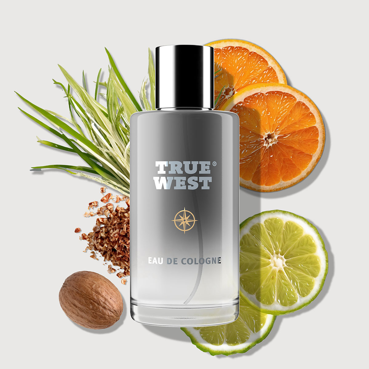 Cologne bottle with citrus slices, grass, nutmeg, and spices.