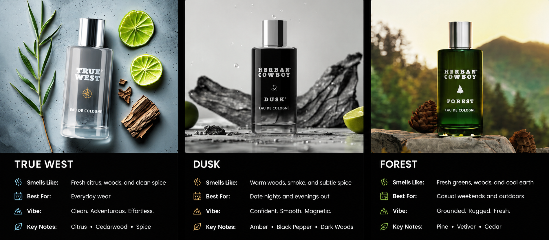 An advertisement showing three varieties of Herban Cowboy cologne with details about their individual scents and notes.