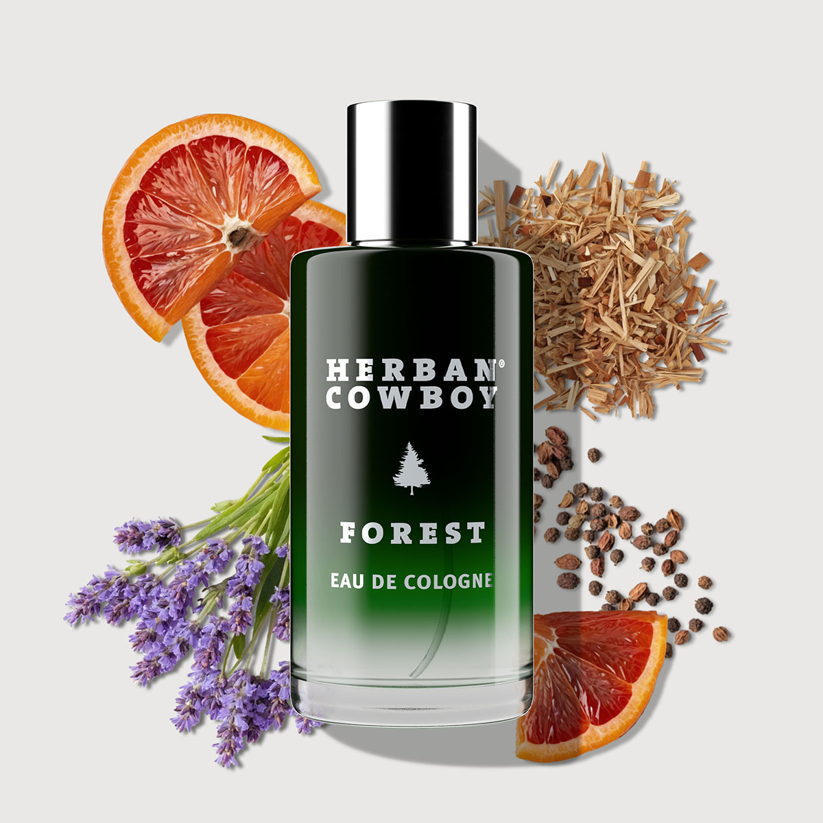 Cologne bottle with lavender, citrus slices, seeds, and wood shavings.