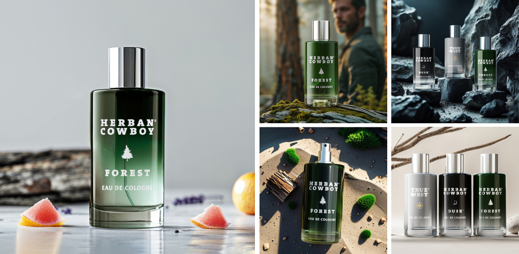Collage of Herban Cowboy cologne bottles in various settings.