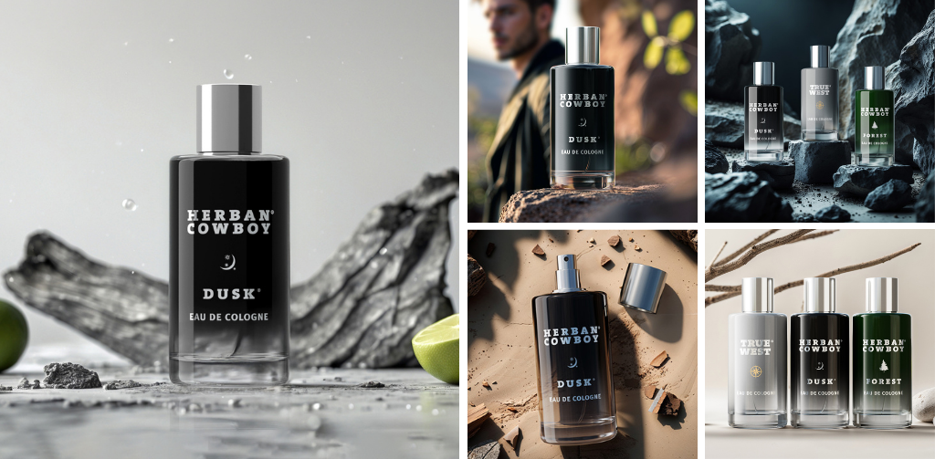 Collage of Herban Cowboy cologne bottles in various settings.