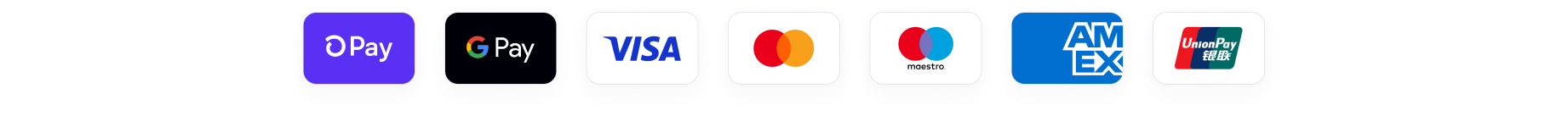 Icons of various payment methods including Visa, Mastercard, and American Express.