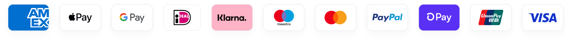 Logos of various payment methods including Amex, Apple Pay, Google Pay, and Visa.