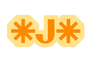 Orange letter 'J' between two asterisks on a yellow background.