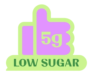 Purple thumbs-up icon with '5g' and 'LOW SUGAR' text in green.