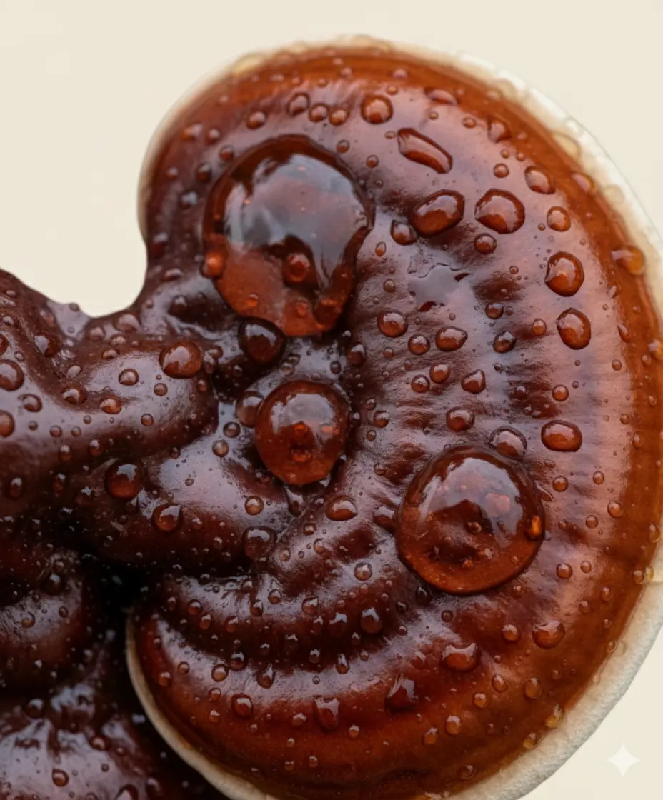 A close-up of a glossy, reddish-brown mushroom covered in water droplets against a light background.