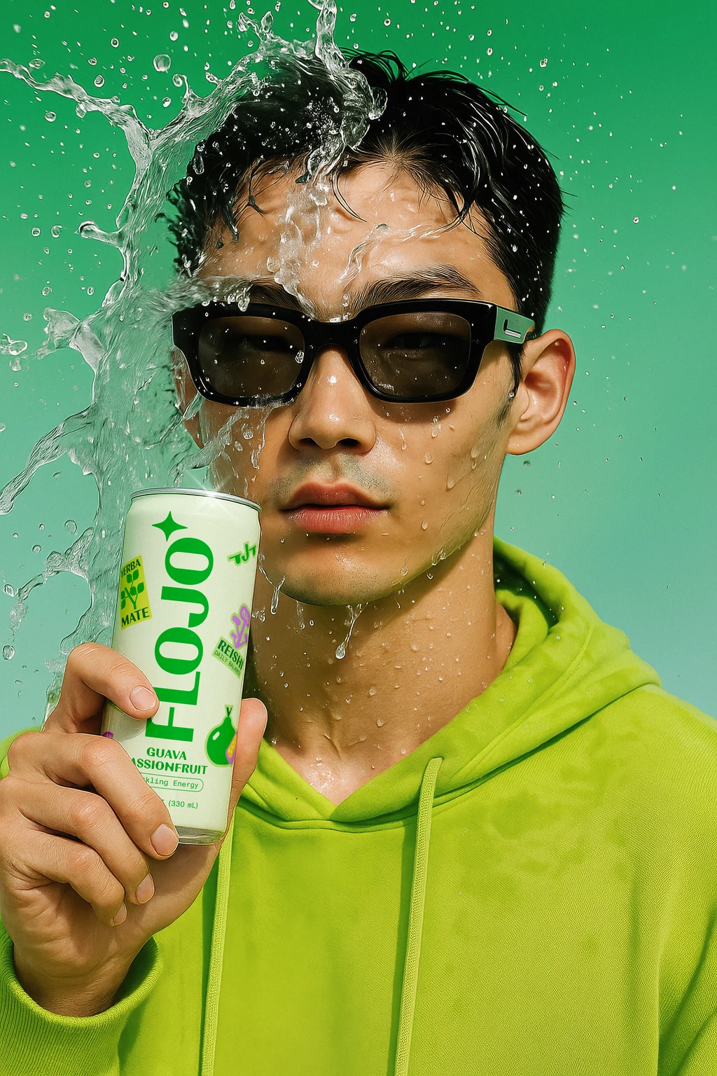 Person in sunglasses holding a can with water splashing, green background.