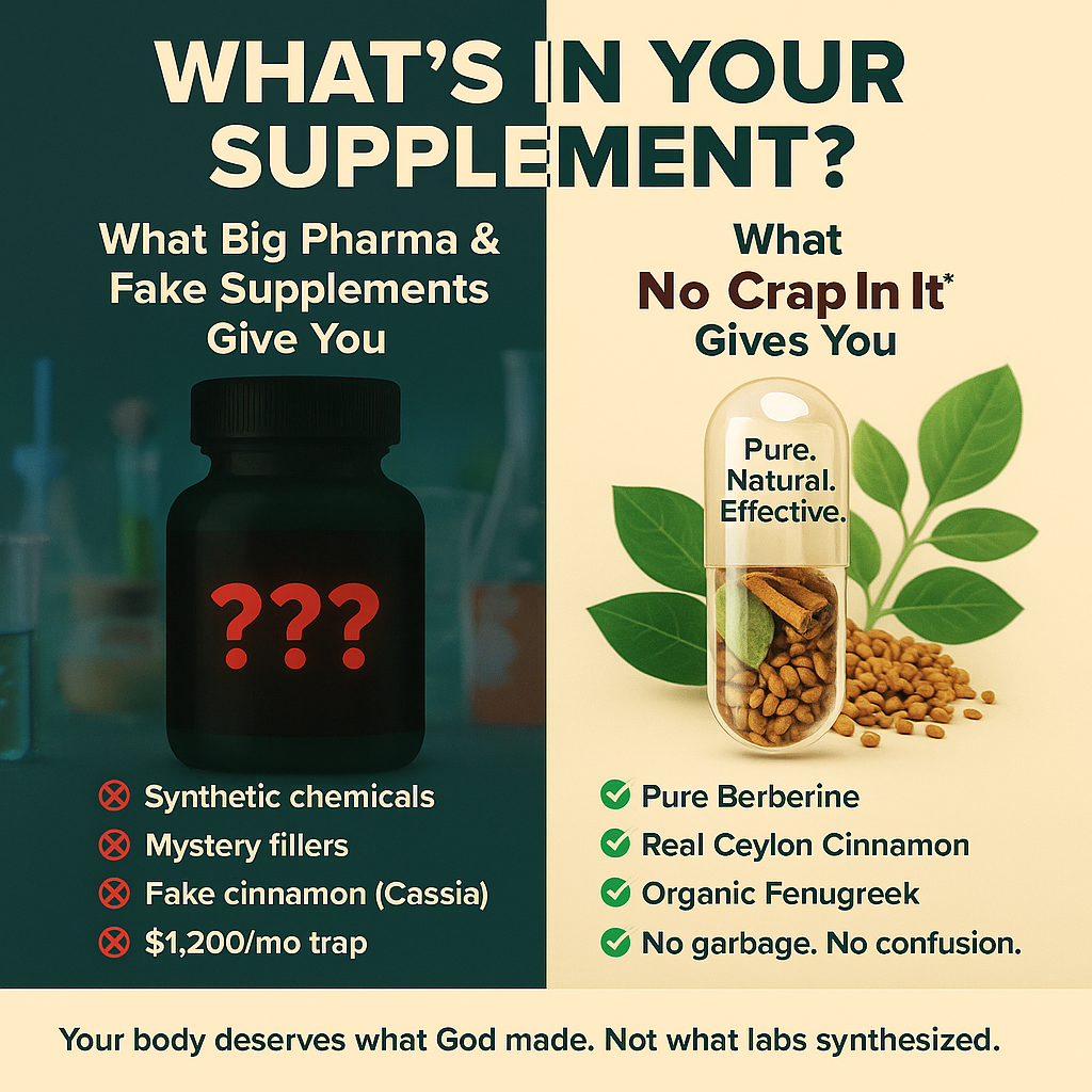 Comparison of supplement ingredients: synthetic vs. natural, with images of bottles and capsules.