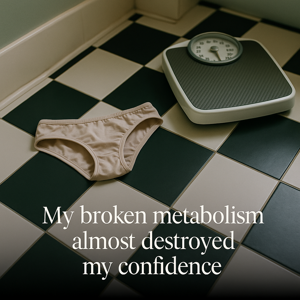 Bathroom scale and underwear on checkered floor with text overlay.