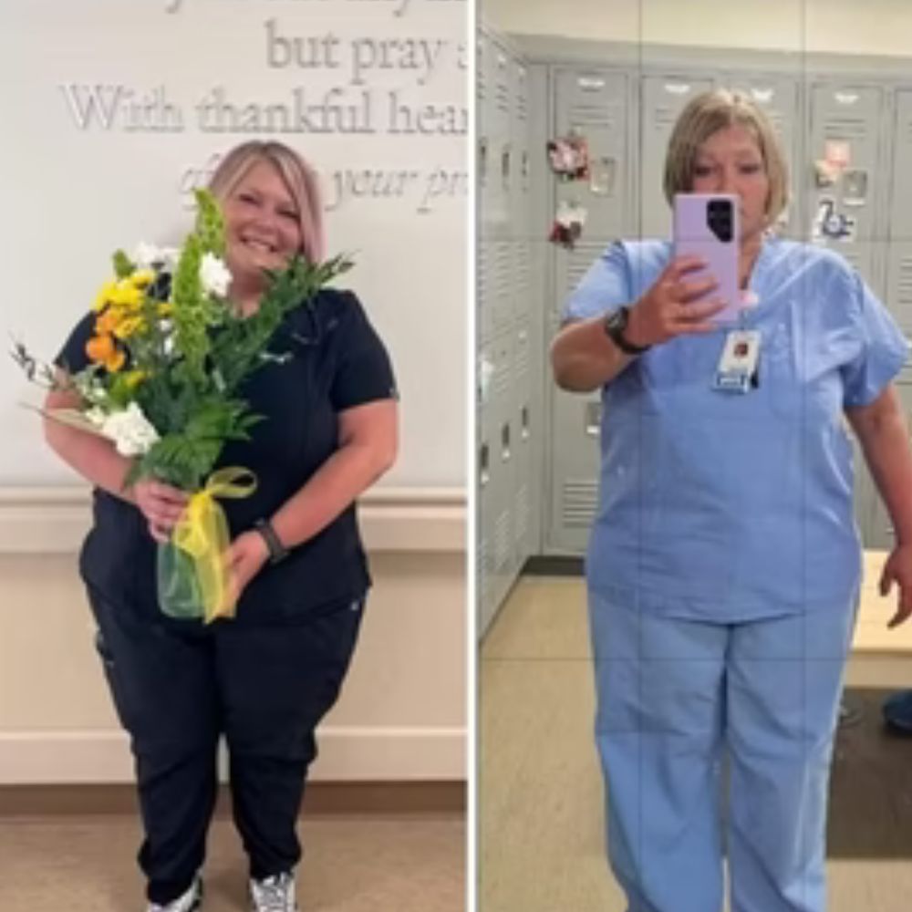 Two images of a person in scrubs, one holding flowers, the other taking a mirror selfie.