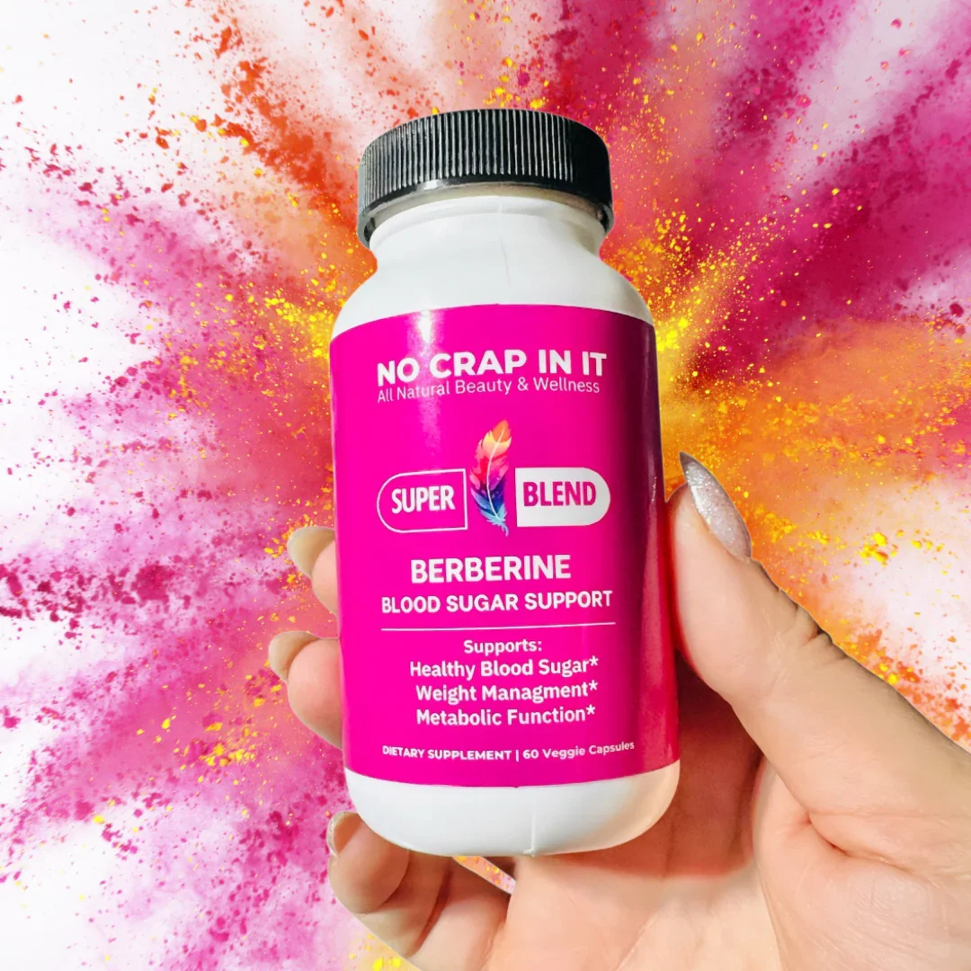 Hand holding a bottle of Berberine supplement with colorful background.