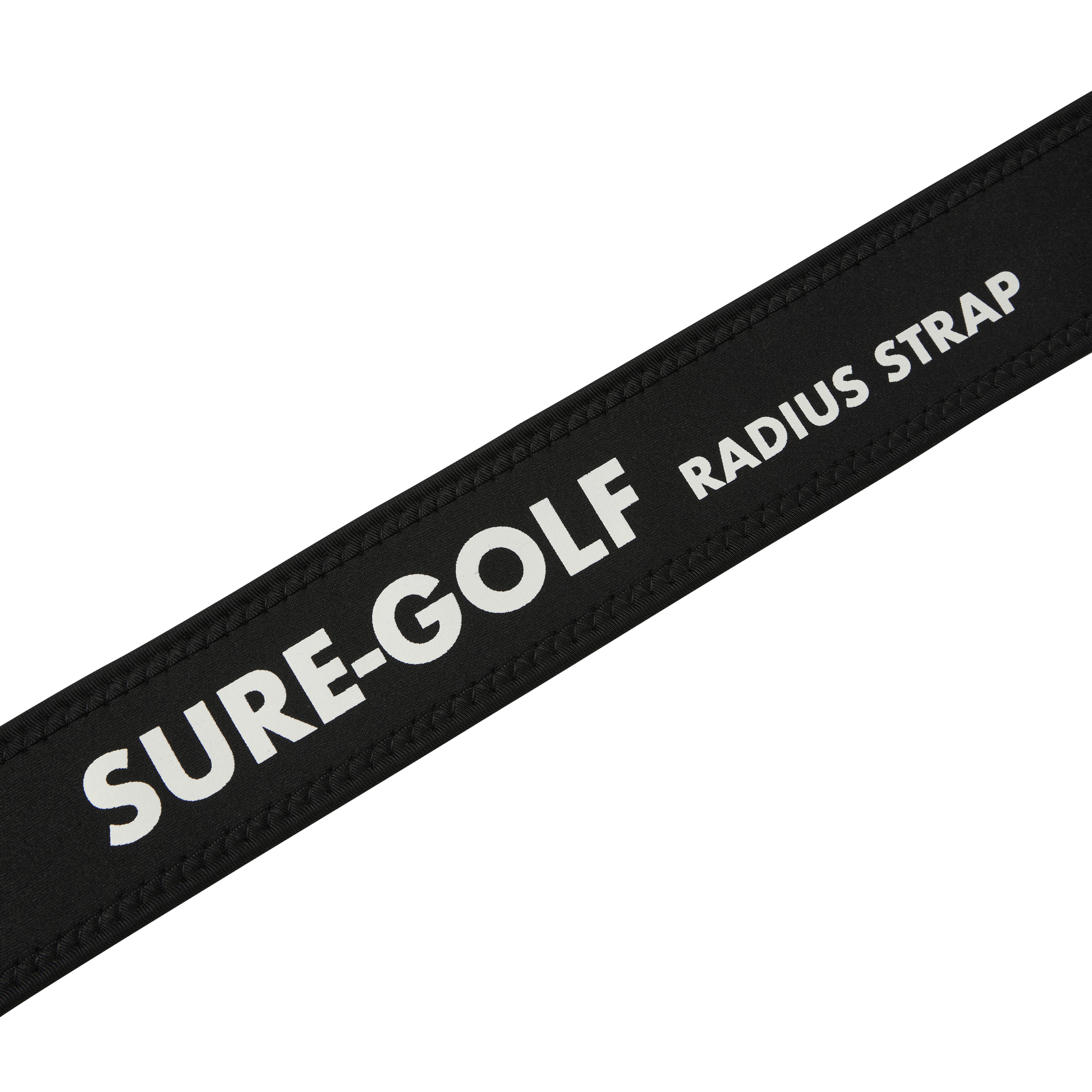 A close-up of a black strap with 'SURE-GOLF RADIUS STRAP' printed in white lettering.