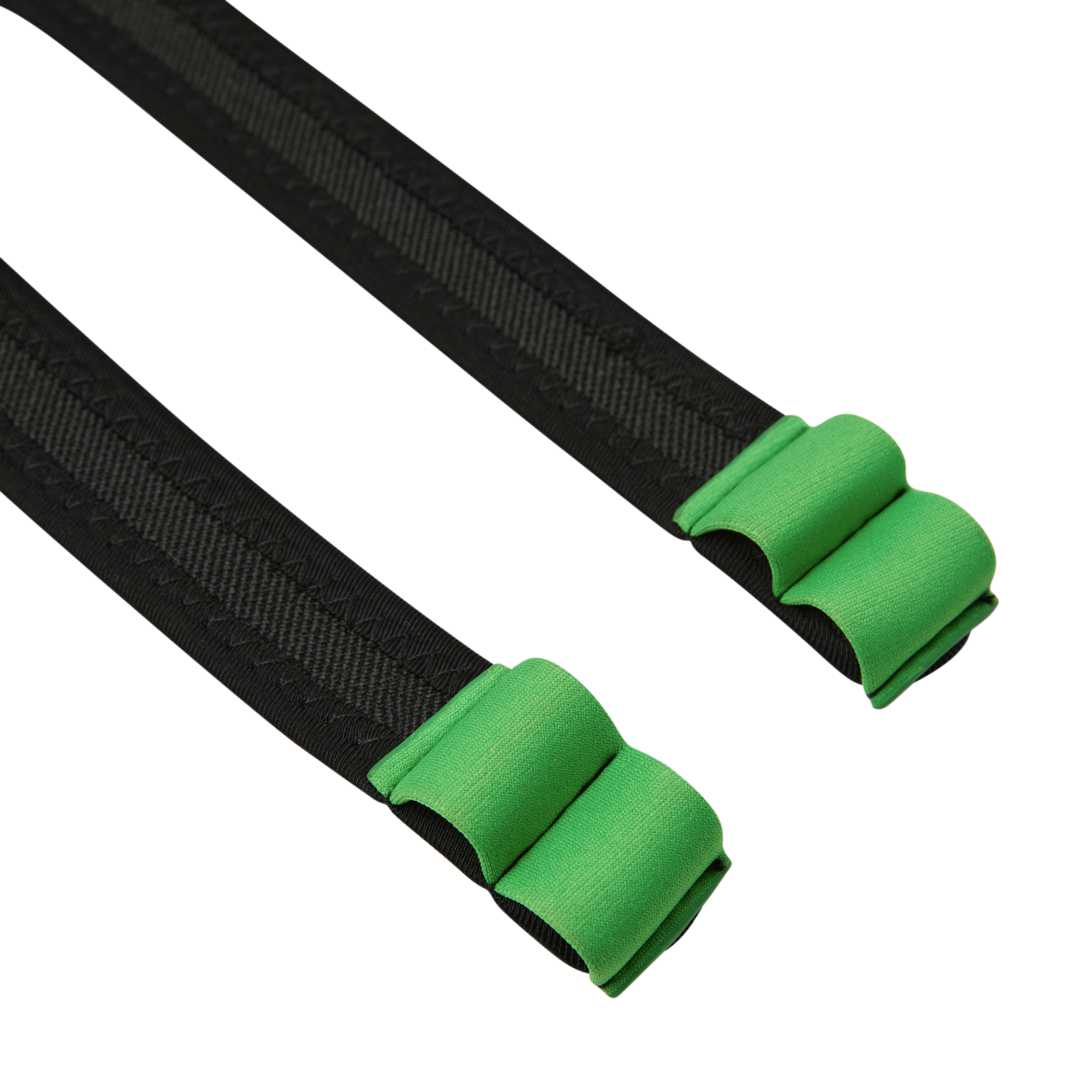 A close-up of two black straps with bright green fabric loops at the ends against a white background.