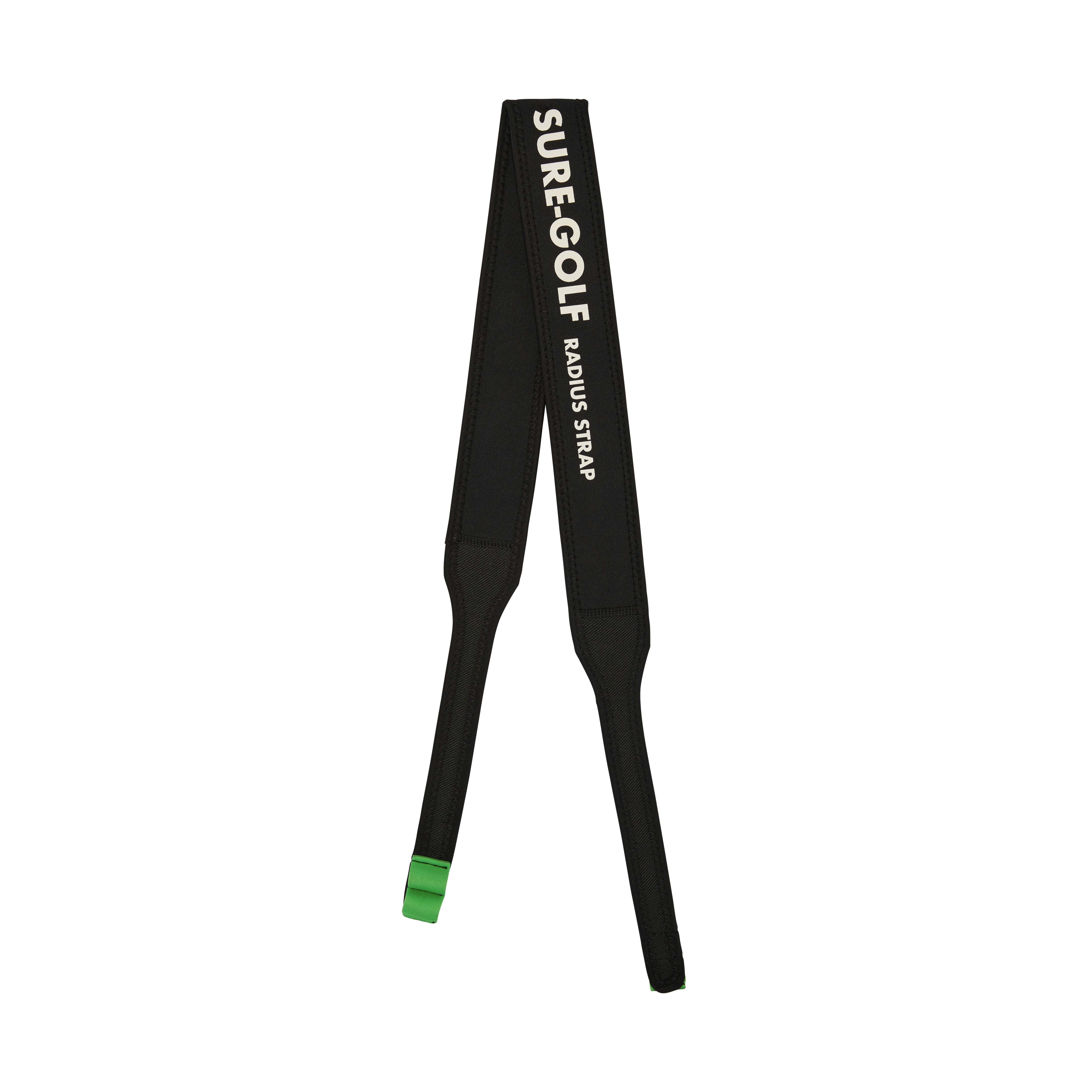 A black Sure-Golf Radius Strap with a green tip, displayed against a white background.