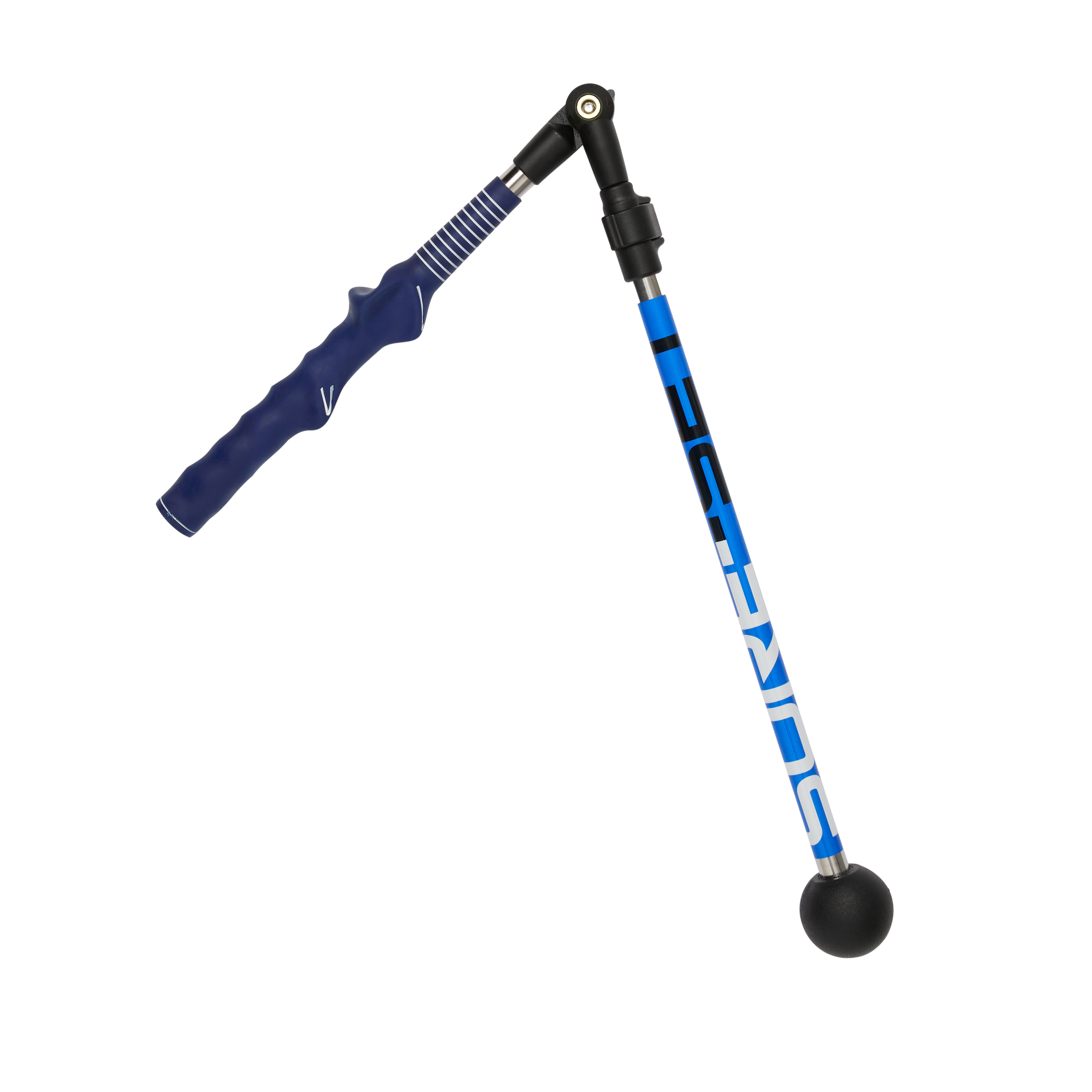 A blue and black hinged golf swing training aid with a molded grip, against a white background.