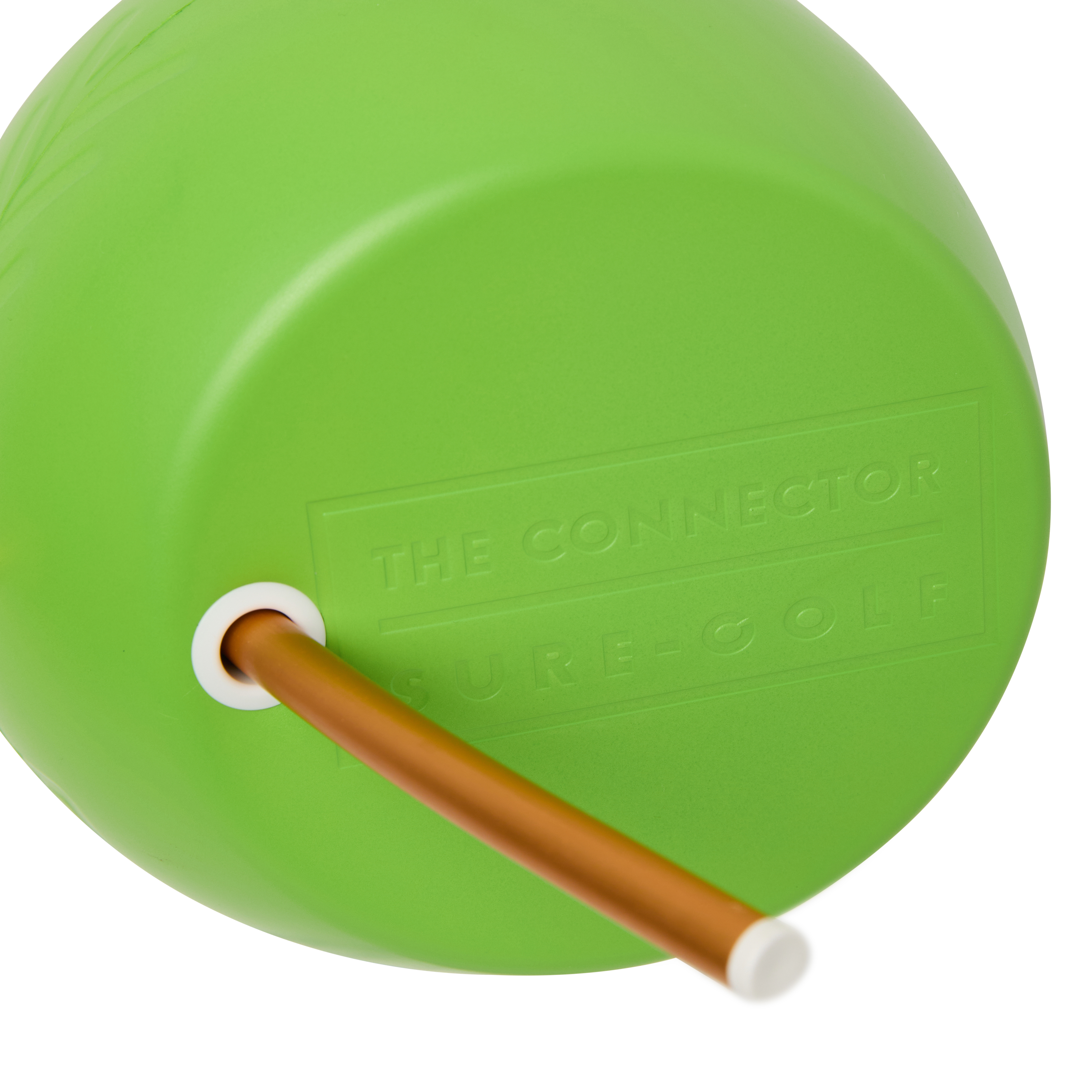 A close-up of the bottom of the green 'The Connector Sure-Golf' training aid with a rod inserted.