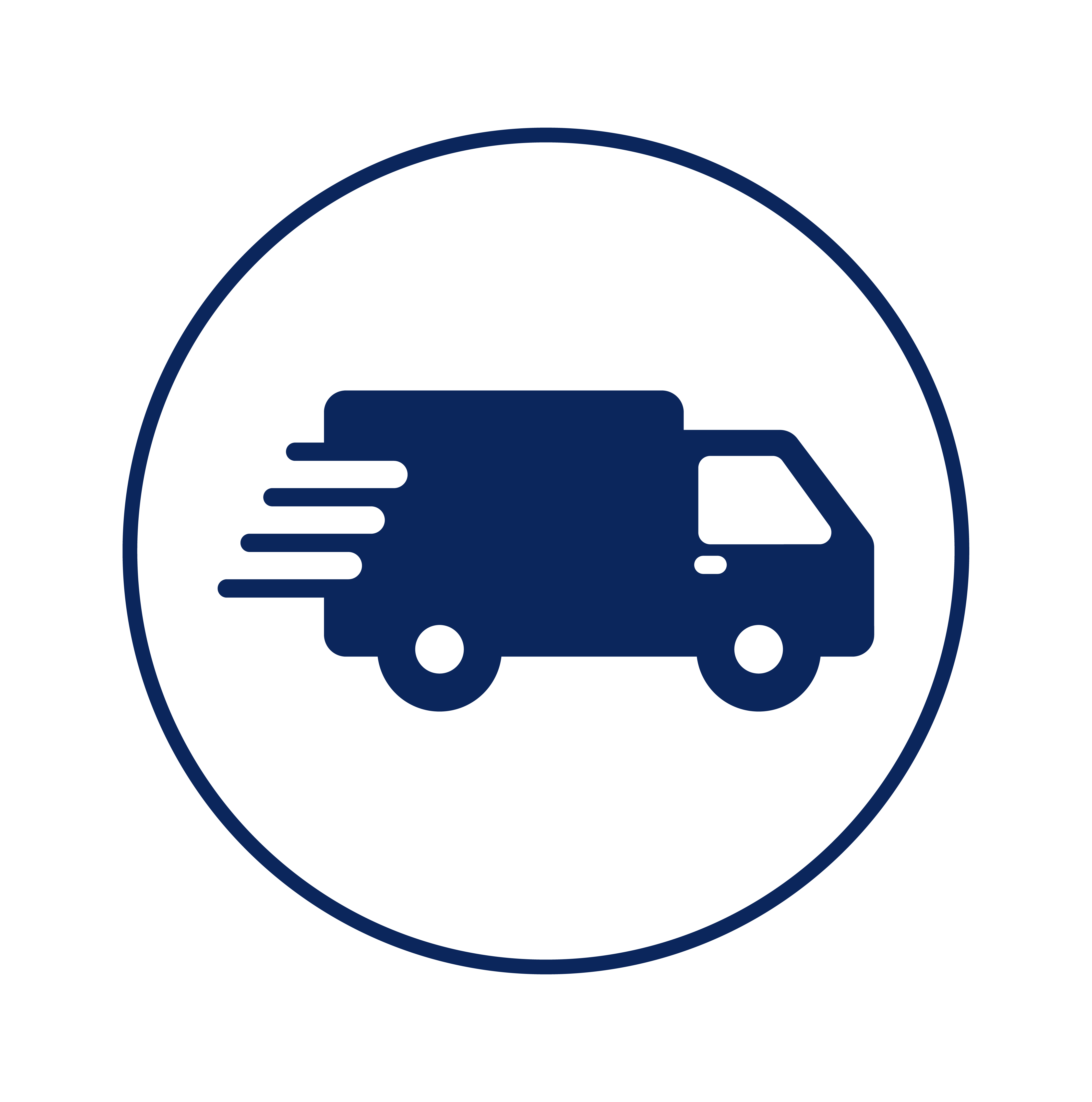 A dark blue icon of a speeding delivery truck inside a circle.