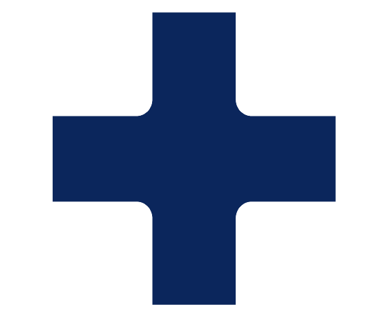 A dark blue plus symbol with rounded inside corners on a white background.