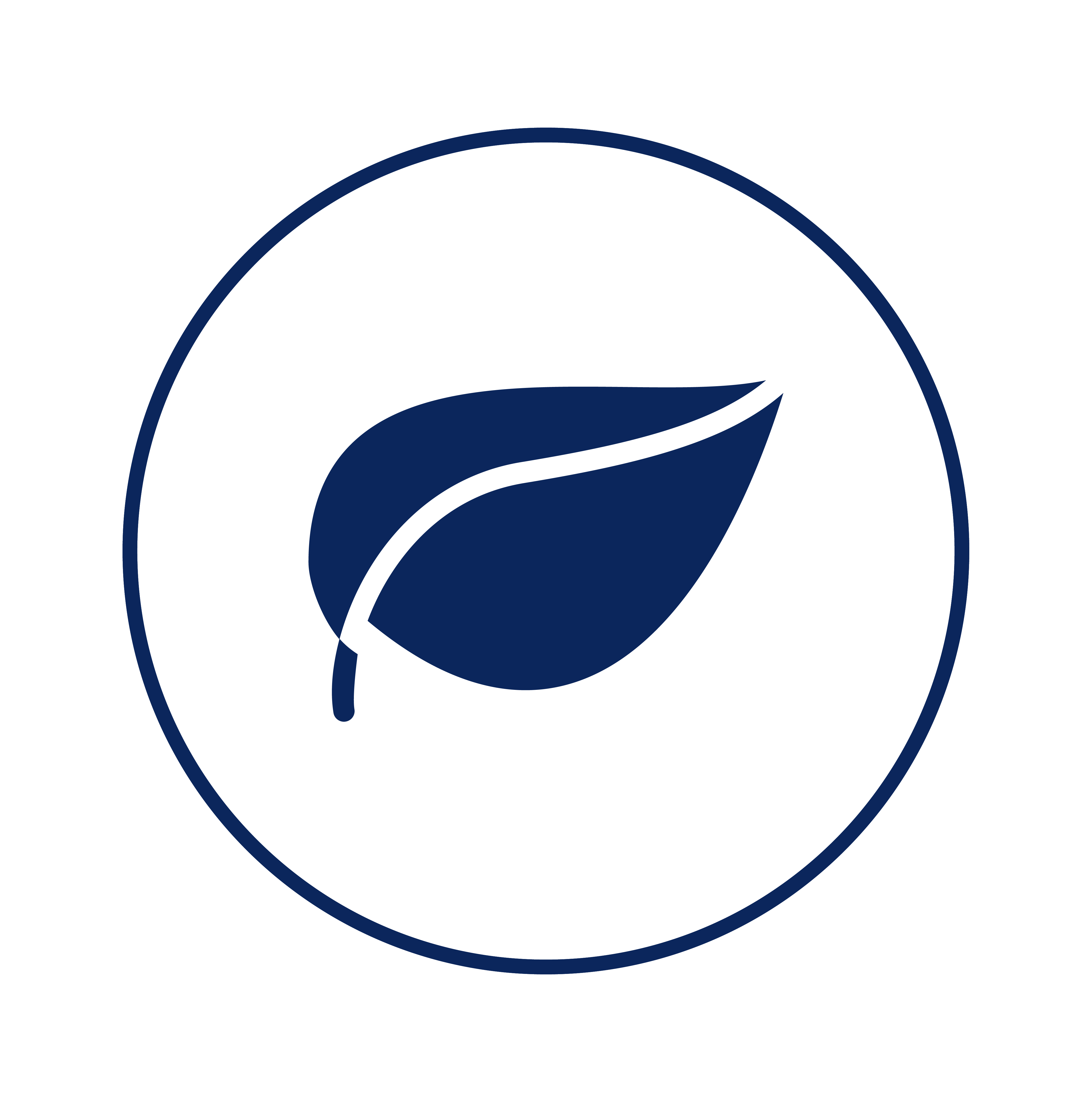 A dark blue icon of a single leaf inside a thin circle on a white background.